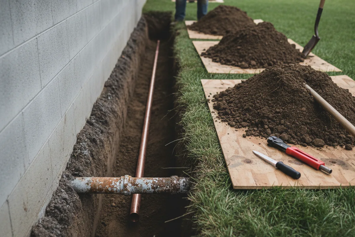 Excavated water line trench during Sewer Line Repair in Deland